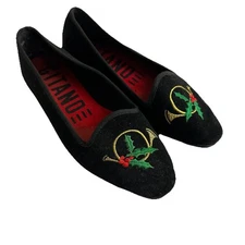 Vintage Gitano Black Velvet Ballet Flats Embroidered Horn/Holly Toe 5.5 Holiday