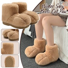 Winter Womens Snow Boots Fleece Lined Thickened Warm Cute Cat Paw  Furry Boots