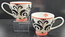2 Portobello Inspire Fleur De Lis Mugs Set White Black Red Floral Coffee Cup Lot