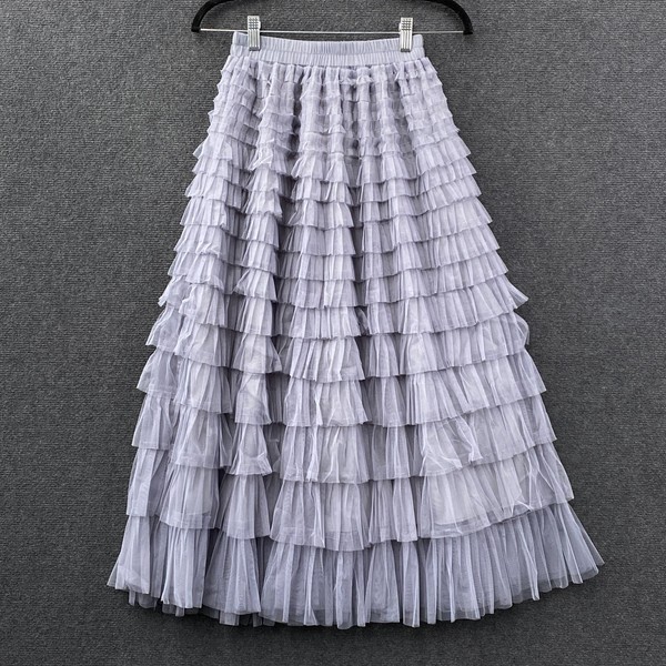 Valleygirl Tiered Ruffle Mesh Midi Skirt Grey Lined Elastic Waist Size S NWT