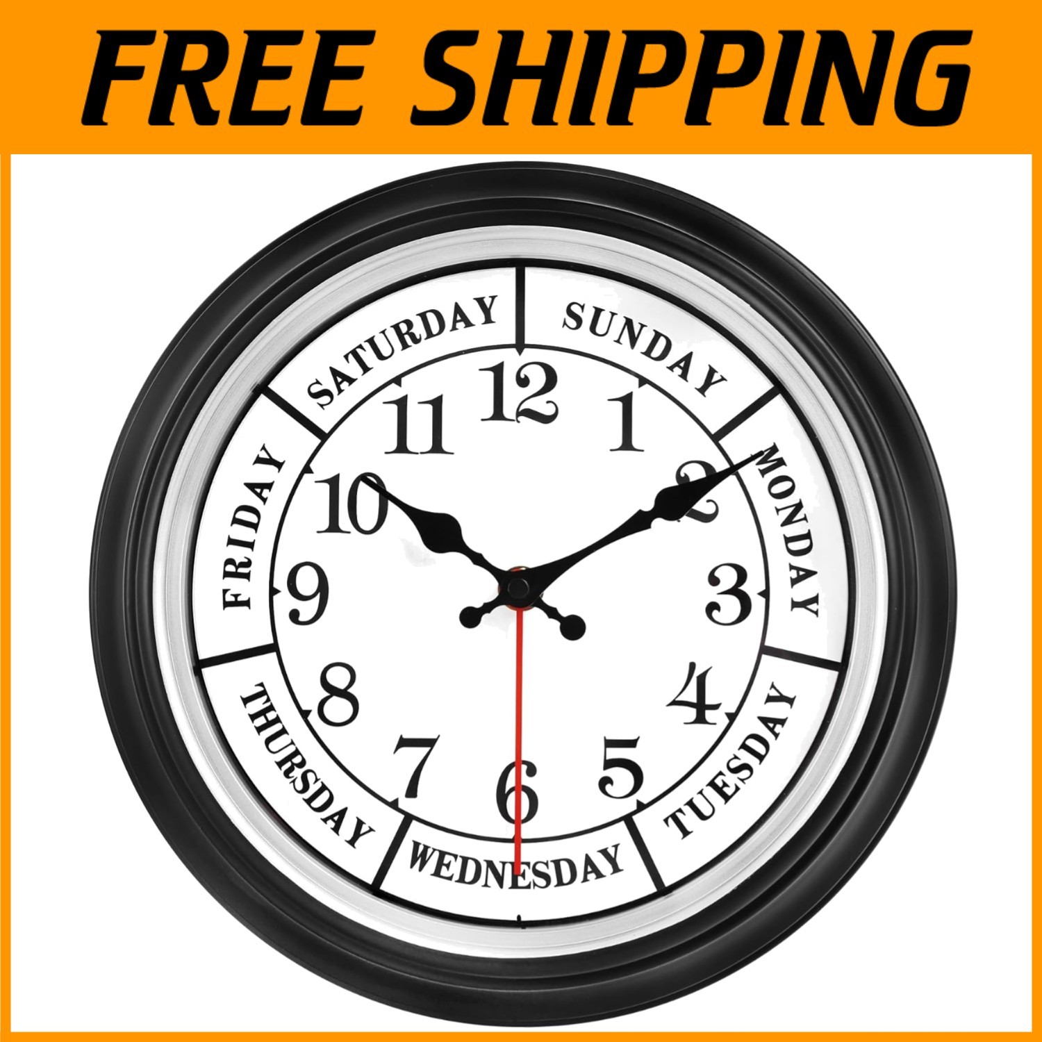 Vintage Wall Clock 12" - Silent Operation, Day of The Week
