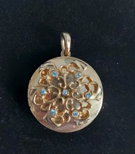 Vintage Estate Goldtone Locket With Blue Rhinestones & Filagree Pendant