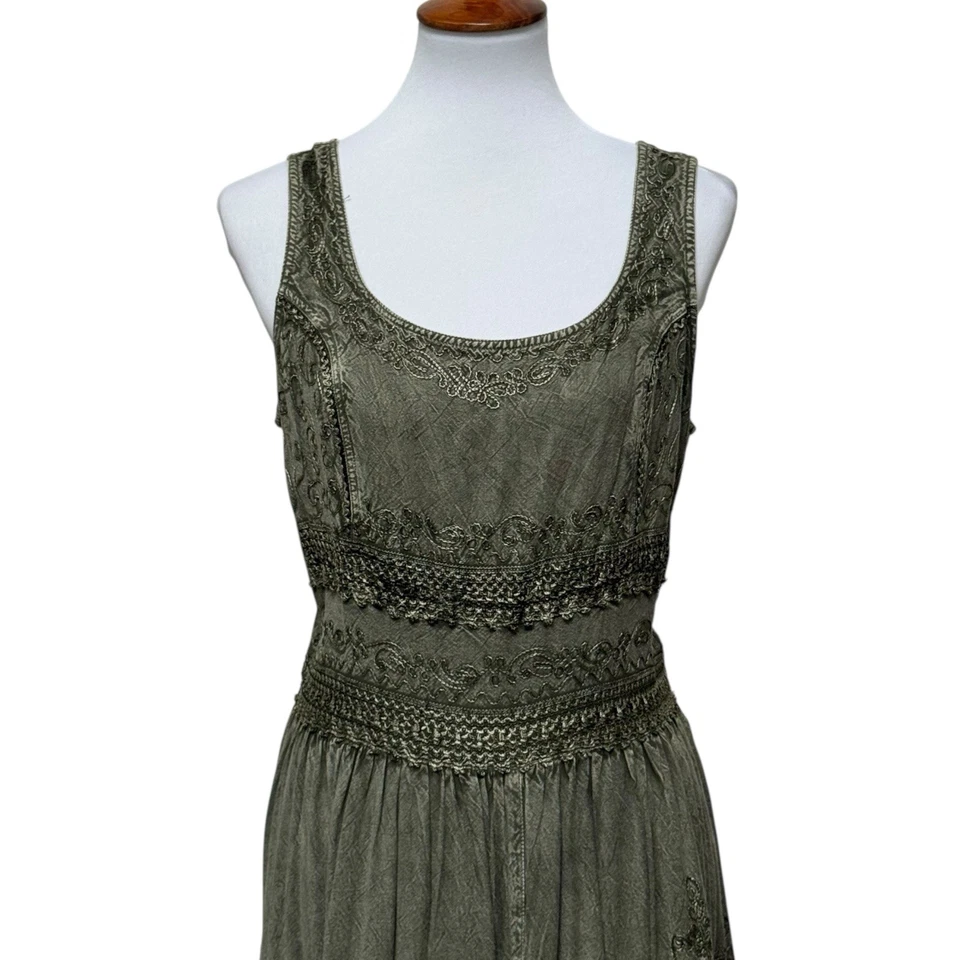 Sacred Threads Boho Embroidered Art Festival Midi Dress Olive Lace Trim L/XL - Image 2 of 4