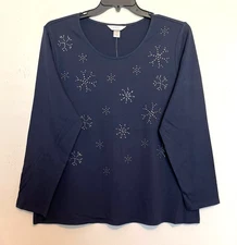 CJ Banks Size 1X Navy Bling Snowflake knit top, long sleeve NWT