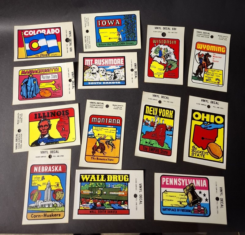   13 Vintage Travel Decals  USA States MA CO IL PA  NY WI MT Wall Drug STICKERS 