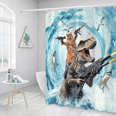 Funny Cat Shower Curtain Set, Cute Cat Riding Dinosaur Theme Ocean Curtains for 