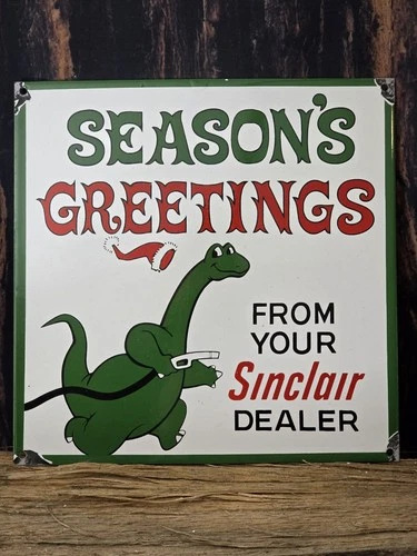 VINTAGE SINCLAIR DEALER SEASONS GREETINGS PORCELAIN SIGN GAS PUMP SIGN 12" X 12"