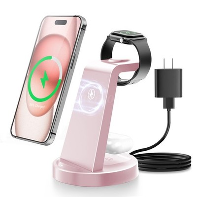 3 in 1 Wireless Charging Station 15W For iPhone 17 iWatch 11 AirPods Blue / Pink