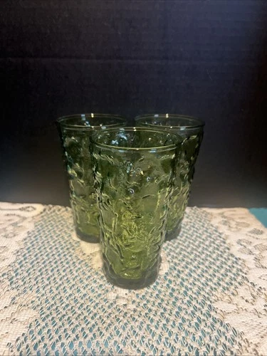 3 VINTAGE ANCHOR HOCKING LIDO MILANO TALL TUMBLER AVOCADO GREEN GLASSES 5.5”