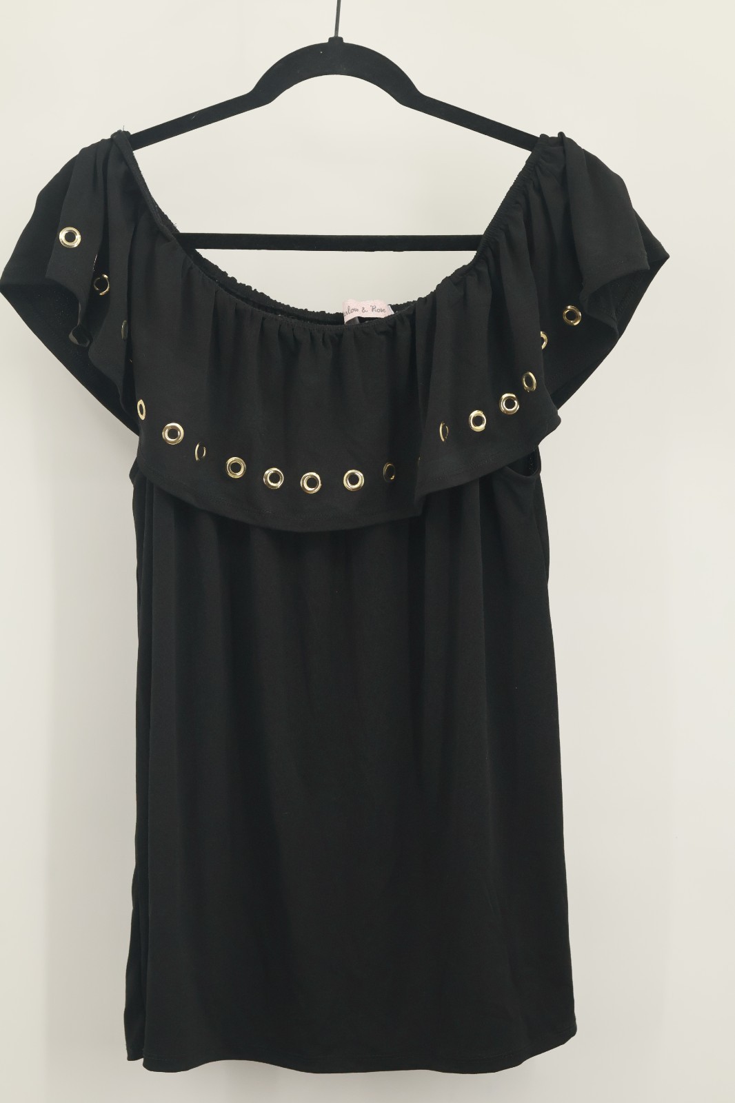 Harlow & Rose Women's Black Off Shoulder Top Gold Eyelet Ruffle Blouse Large L