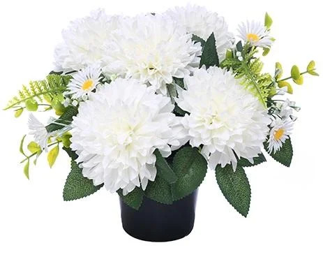 Cemetery Grave Vase Pot with Ivory Chrysanthemums & Foliage