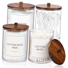 4 Pack Qtip Holder Dispenser with Wood Lids - 10 oz Clear Plastic Apothecary