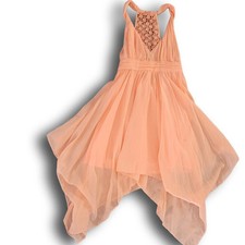 Guess Sz 2 Tropic Coral Halter Twisted Tank Dress Asymmetrical Hem Crochet Back