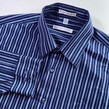 Geoffrey Beene Mens Blue Striped Long Sleeve Dress Shirt Wrinkle Free Large 16
