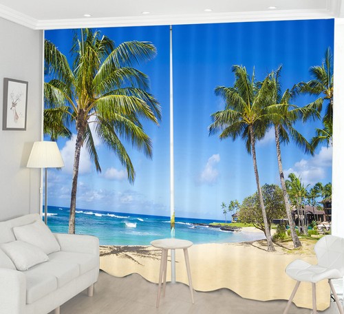 Tropical Resort Beach Palm Printing Window 3D Curtain Blockout Drapes Fabric - Picture 2 of 10