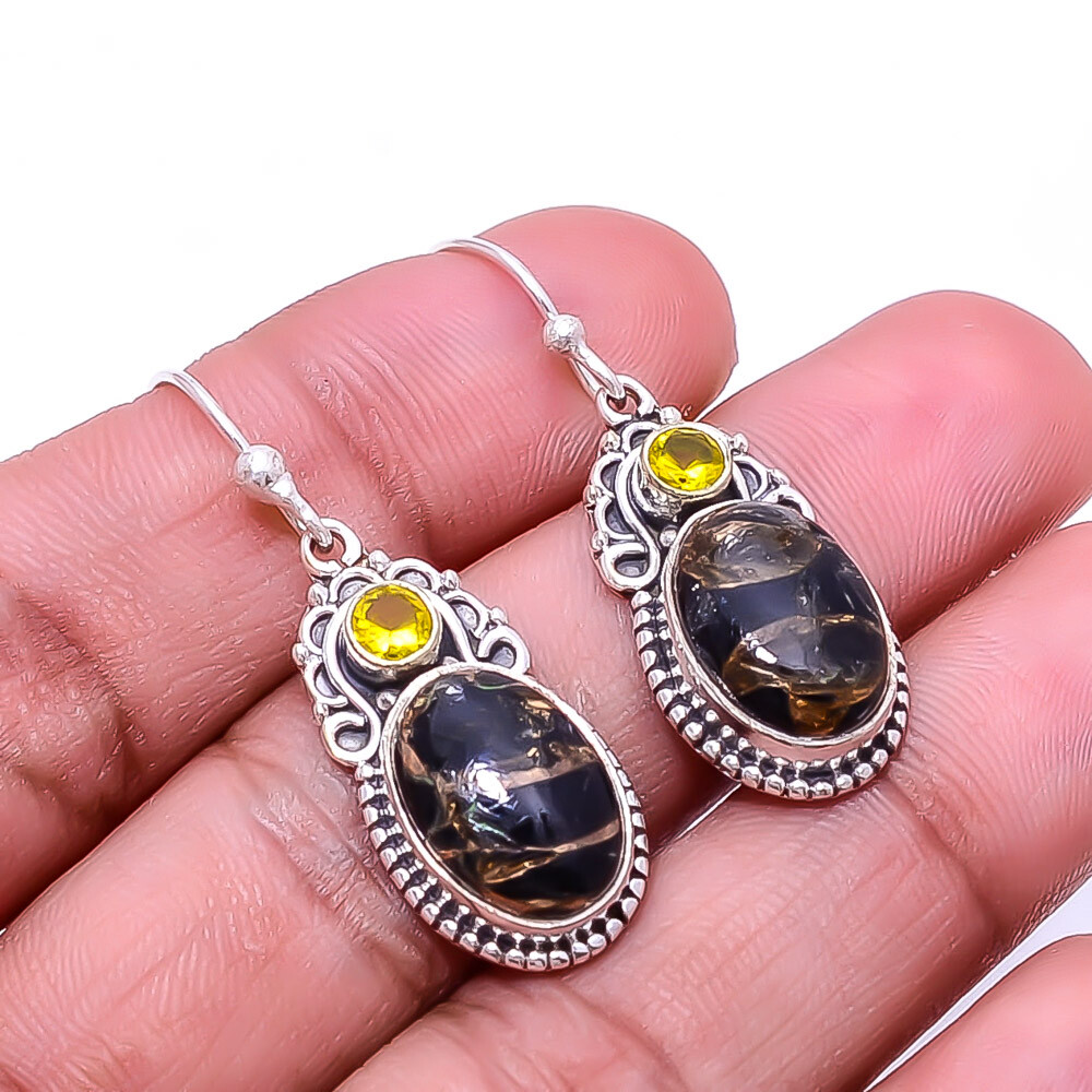 Copper Black Obsidian Citrine 925 Sterling Silver Bali Earring 1.56 Inch E43