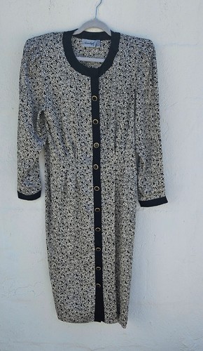 Vintage Adrianna Papell Dress Womens Size 12 Black White Silk Button Front Midi