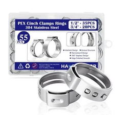 55PCS 1/2" 3/4" PEX Crimp Rings Clamps Kit 304 Stainless Steel PEX Fittings 3...