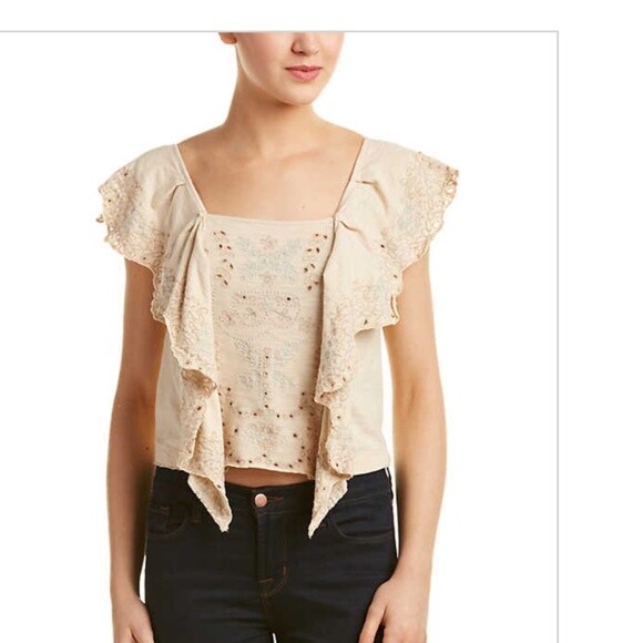Free People Shake baby Shake Embroidered Ruffle Sleeveless Beige Top Blouse XS