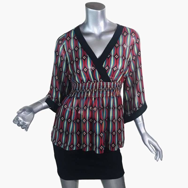 Bisou Bisou Petite Small Y2K Faux Wrap Tunic Blouse Smocked Waist Stretch