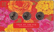 AUSTRALIAN: 2019  $1  3 COIN SET YEAR OF THE PIG FU HAPPINESS ON CARD 