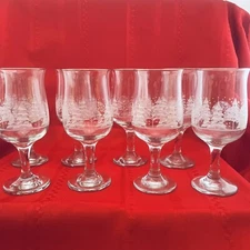 Arby's White Etched Stem Tulip Wine Winter Scene LOT of 8 Drinking Glasses Cups