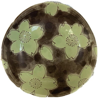 Art Brown Lime green Flower Bowl Artsy Floral Asymmetrical Pottery Whimsical