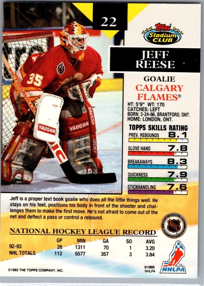 1993-94 Topps Stadium Club Hockey - #22 Jeff Reese - Image 2 of 2