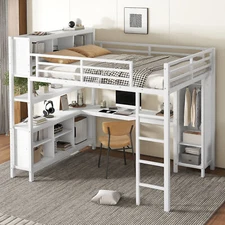 Queen Size Loft Bed Metal Heavy Duty with Wardrobe /L-shaped Desk /Shelves White