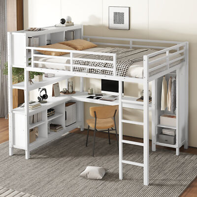 Queen Size Loft Bed Metal Heavy Duty Bed w/Wardrobe/L-shaped Desk /Shelves White