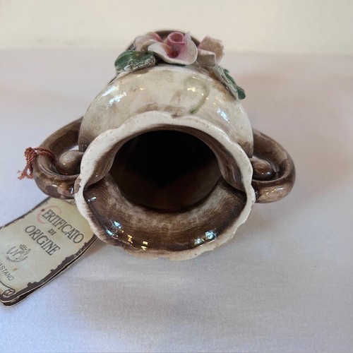 Authentic Italy Nuova Capodimonte Brown Porcelain Pink Flower Rose Bud Vtg Vase - Picture 8 of 12