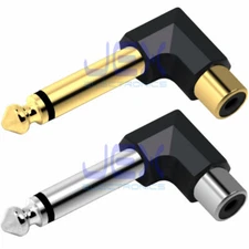 Right Angle 90 Female RCA Phono to Male 1/4" 6.35mm Jack Audio Adapter Converter