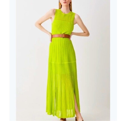 Karen Millen Womens Sleeveless Belted Contrast Stitch Knit Maxi Dress - Green - Size S Karen Millen Womens Sleeveless Belted Contrast Stitch Knit Maxi Dress - Green - Size S