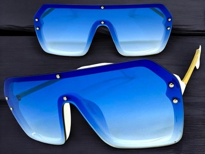 Classy Elegant Modern Retro Shield Raver SUNGLASSES White & Gold Frame Blue Lens