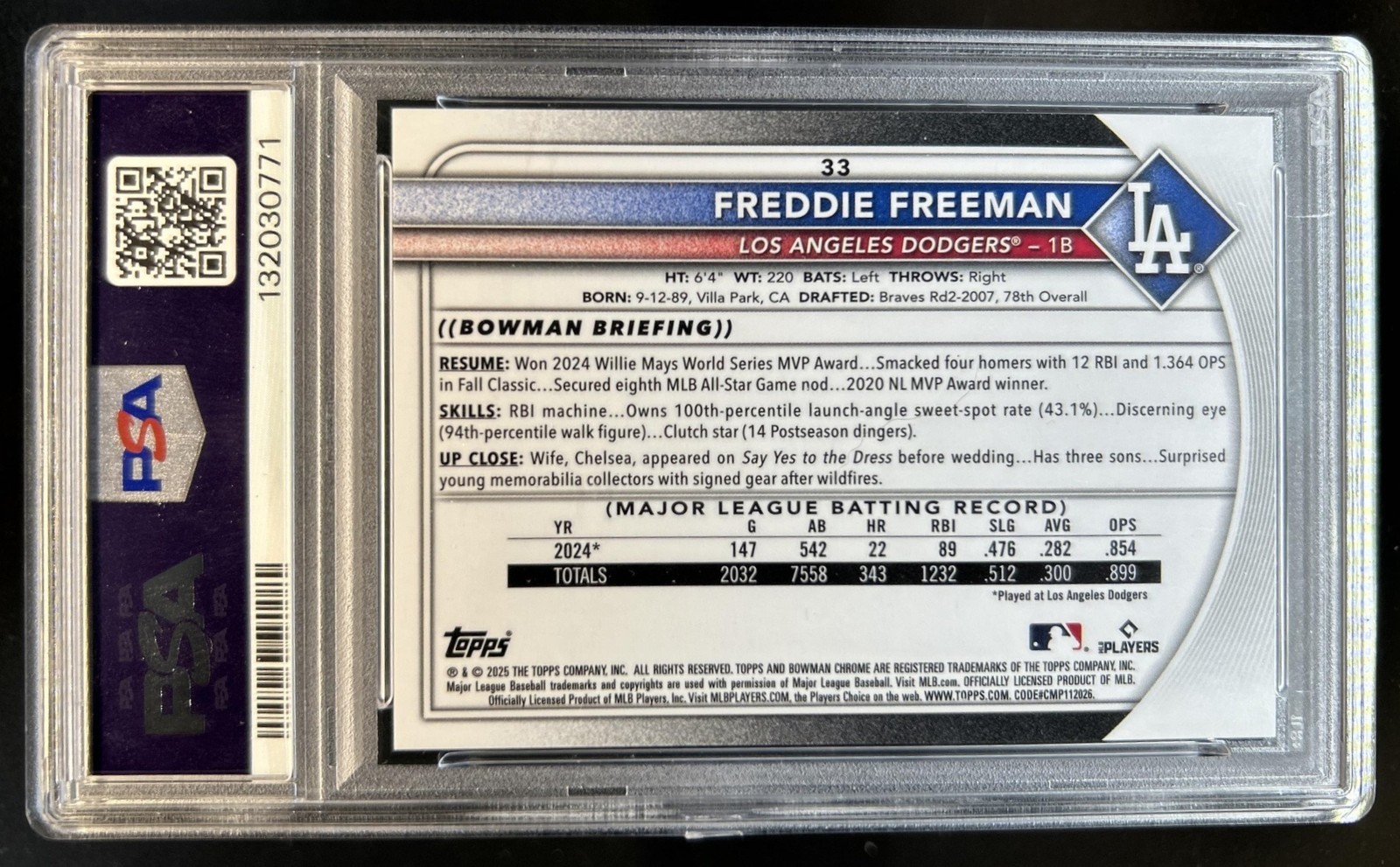 2025 Bowman Chrome Freddie Freeman Gold Refractor #/50 Dodgers PSA 9 view 2
