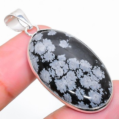 Natural Snowflake Obsidian Gemstone 925 Sterling Silver Jewelry Pendant Sz 1.9''