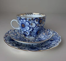 Imperial Lomonosov Bindweed Morning Glory Blue Gold Tea Cup Saucer Russia