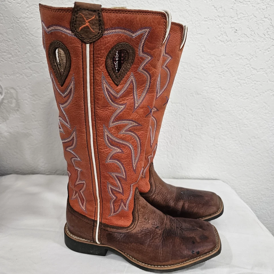 Twisted X Leather Brown/Orange Tall Leather Sq Toe Boots YBK0003 Boys 2M - Image 3 of 4