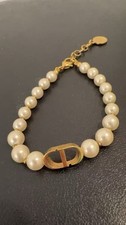 Christian Dior Pearl Bracelet Gold Tone CD Logo 8”  Designer Jewelry