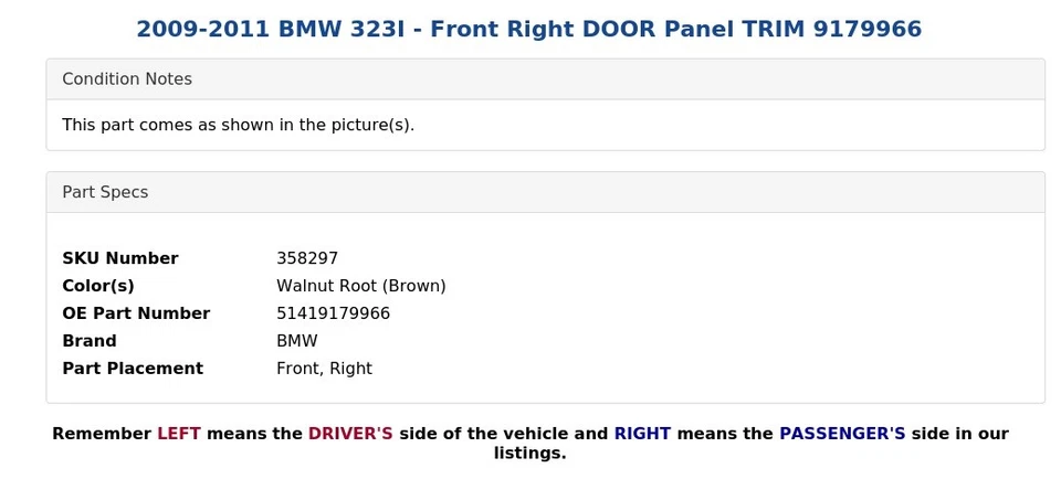 BMW 323I 2009-2011 - Panel puerta delantera derecha embellecedor 9179966 Foto 3 de 4