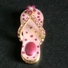 Pink Flip Flop Sandal Pendent Polka Dot Enamel Rhinestone Gold Tone 1"