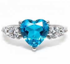 Heart 2CT Blue Topaz  White Topaz 925 Genuine Sterling Silver Ring Sz 7