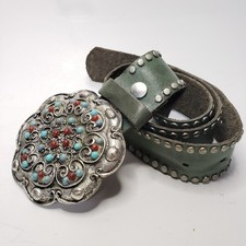 Vtg Leather Rock Inc. Western Silver Studded Jeweled Belt Green Sz Small