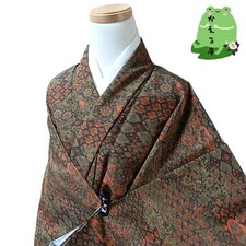 Kaerutei Kimono Synthetic Fiber Floral Brown Green Washable Traditional Japan