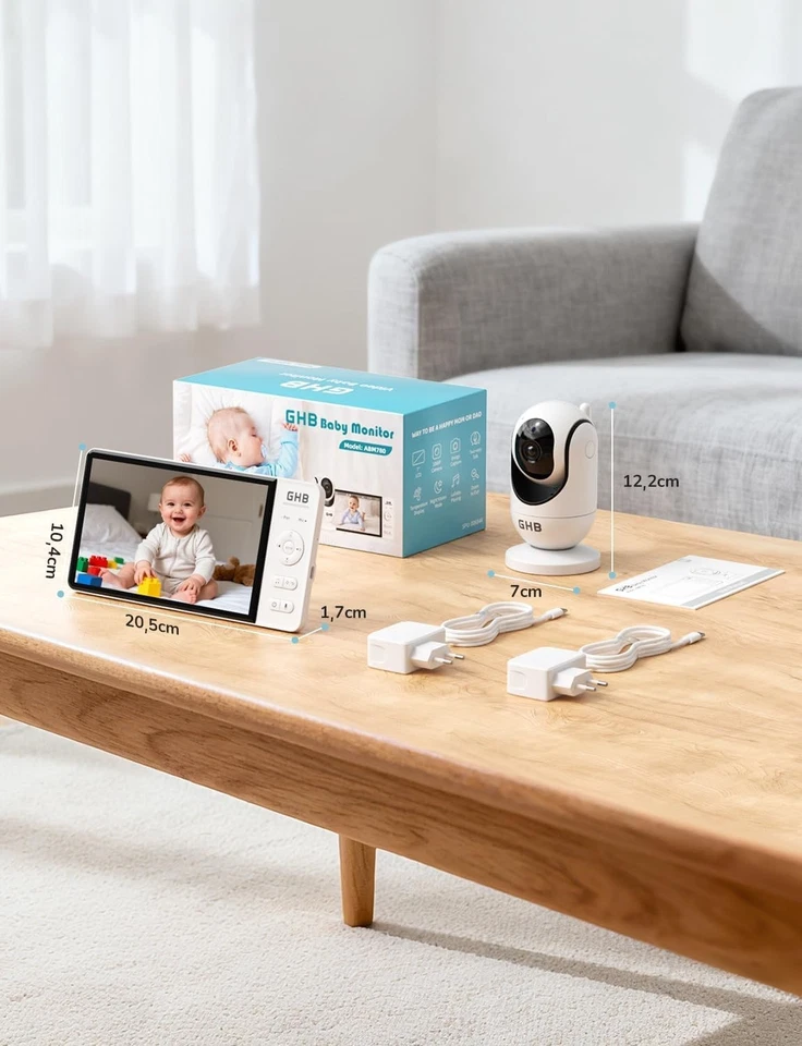 GHB Baby Monitor Video e Audio 7'', 350°/100° Rotante, 5000mAh IPS Schermo, Rile - Immagine 2 di 4