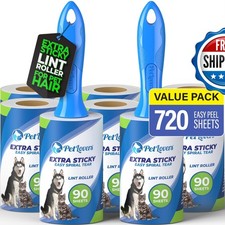 PetLovers Extra Sticky Lint Roller 720 Sheets 8 Pack for Pet Hair Removal