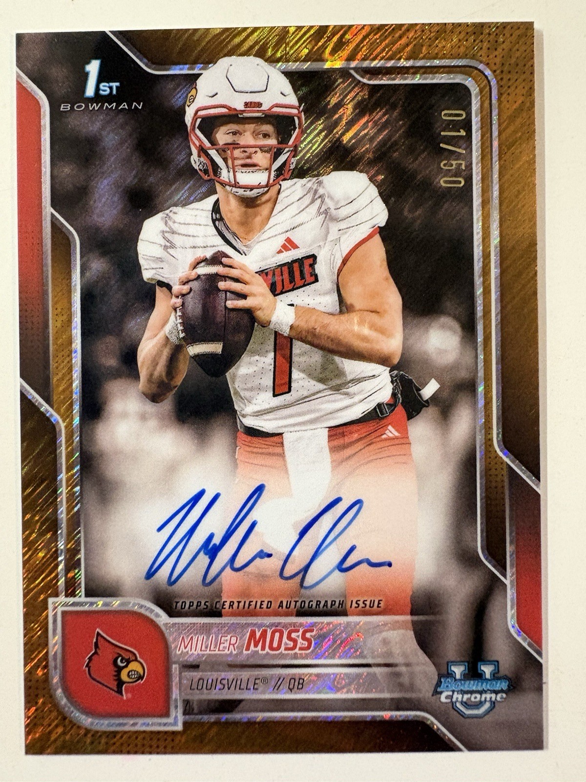 MILLER MOSS 2025 Bowman University Chrome 1st Gold Shimmer ON CARD AUTO # 01/50