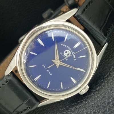 HANDAUFZUG VINTAGE FAVRE LEUBA SEA KING SWISS HERREN BLAUES ZIFFERBLATT UHR a703822-2