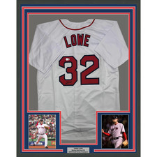 Framed Autographed/Signed Derek Lowe 35x39 Boston White Jersey Beckett BAS COA