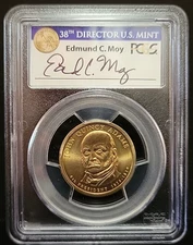 2008 John Q. Adams Presidential Dollar Missing Edge Letter PCGS SP66  Moy Signed
